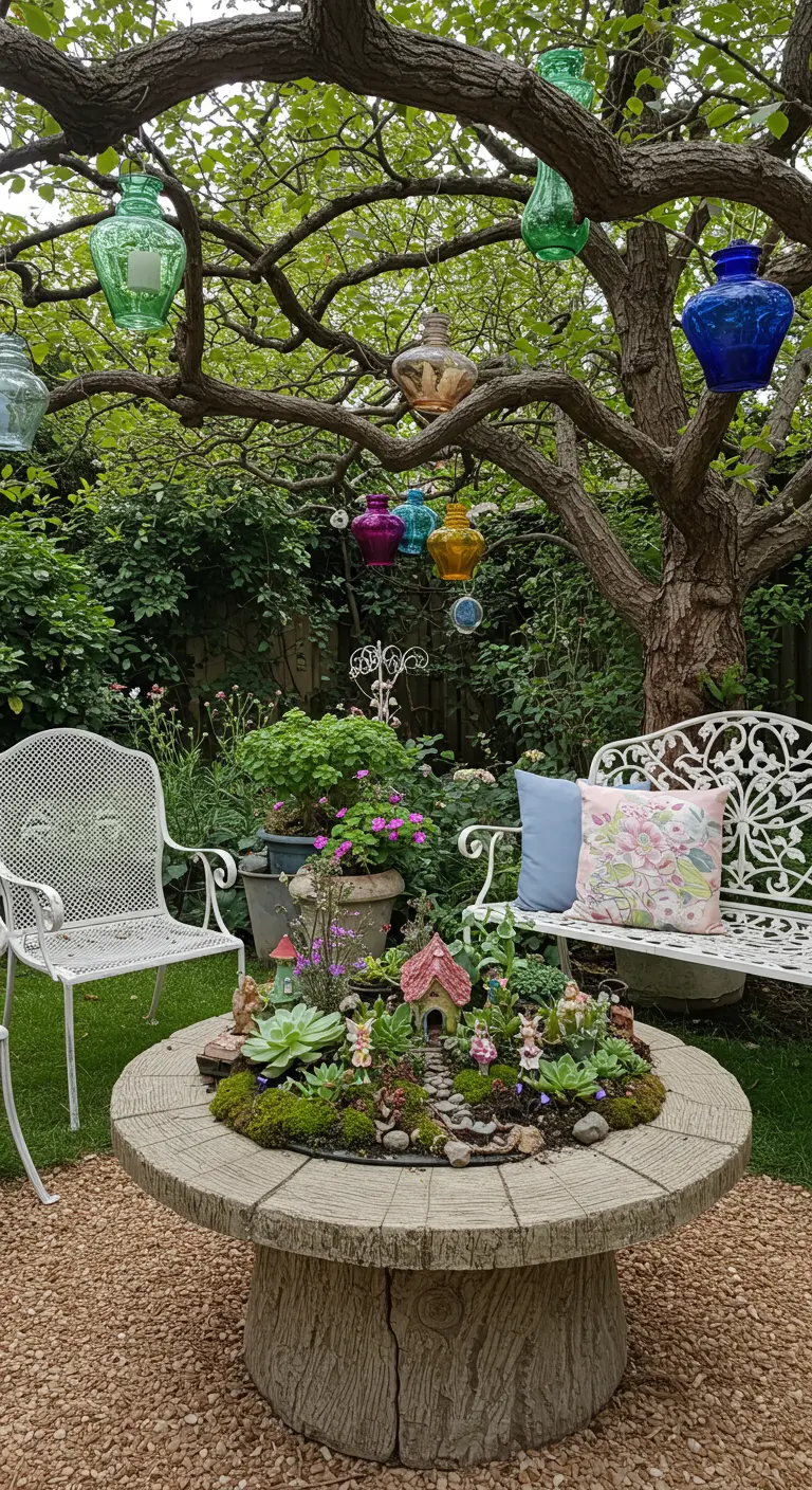 A stone garden table featuring an intricate fairy garden made with succulents and moss.