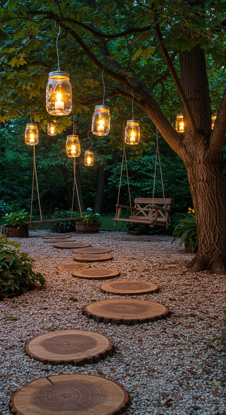 Mason jar lanterns with fairy lights hang from a large tree over a wood-slice path.