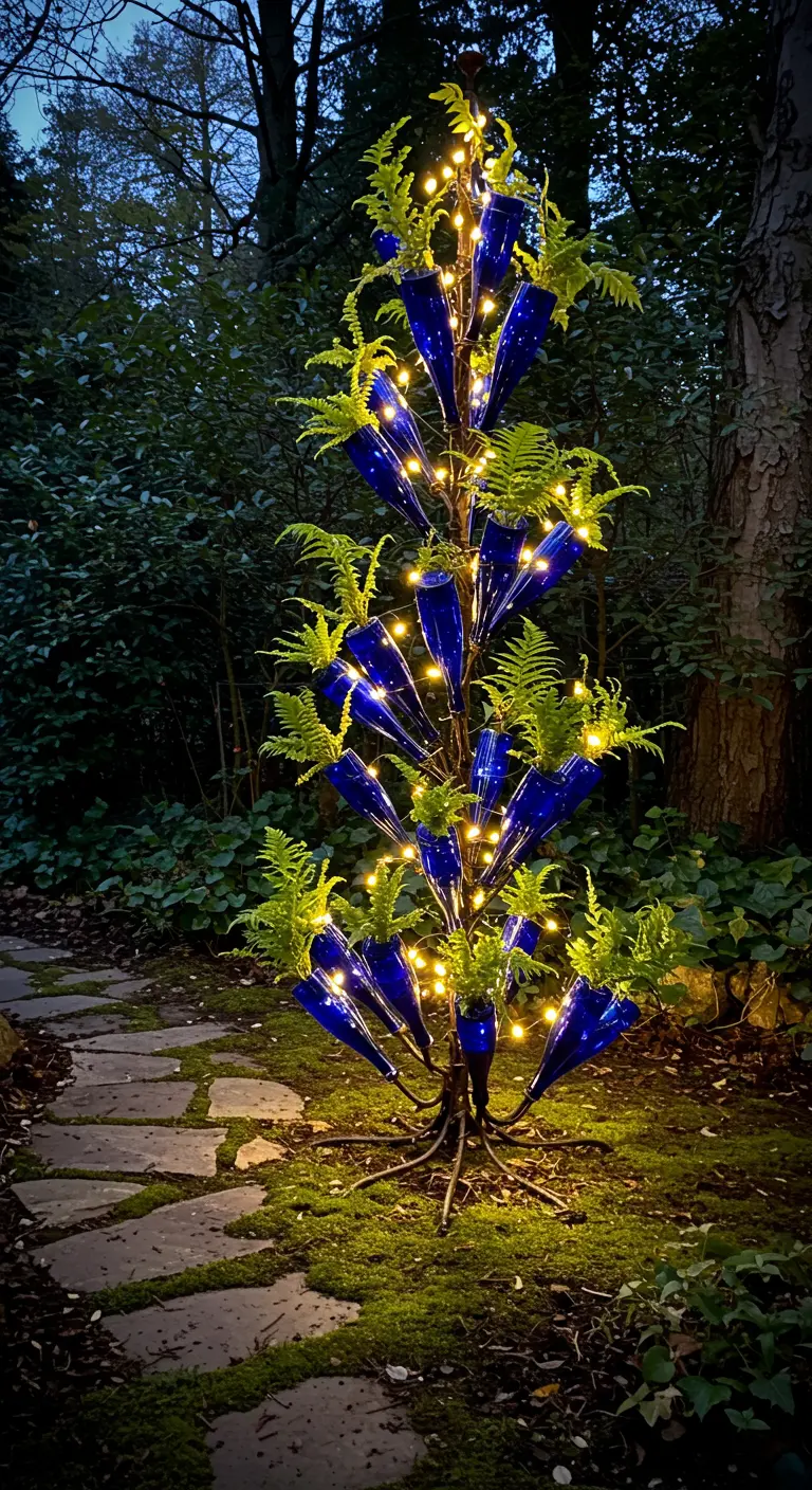 A tree-shaped bottle garden with blue bottles, ferns, and fairy lights.