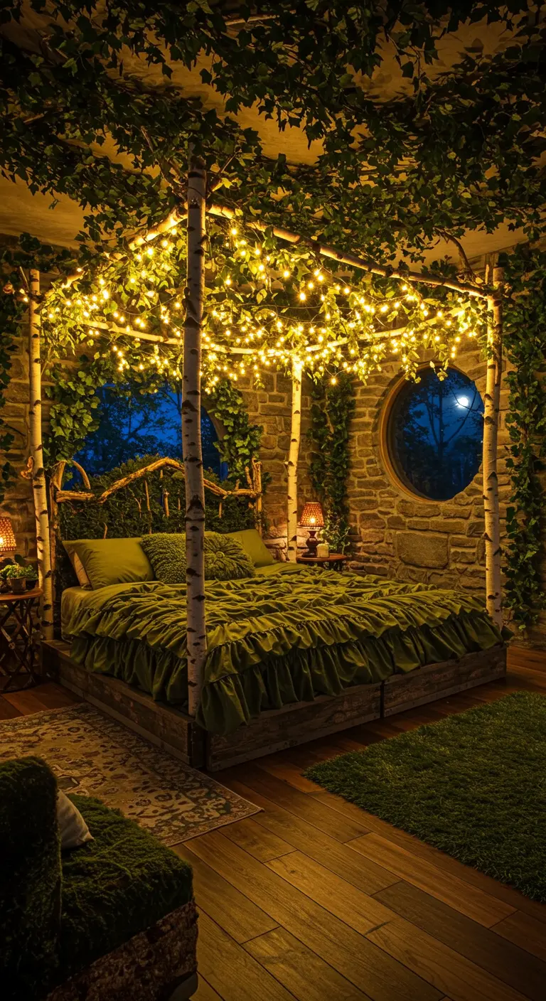 Canopy bed with birch posts, green bedding, and fairy lights.