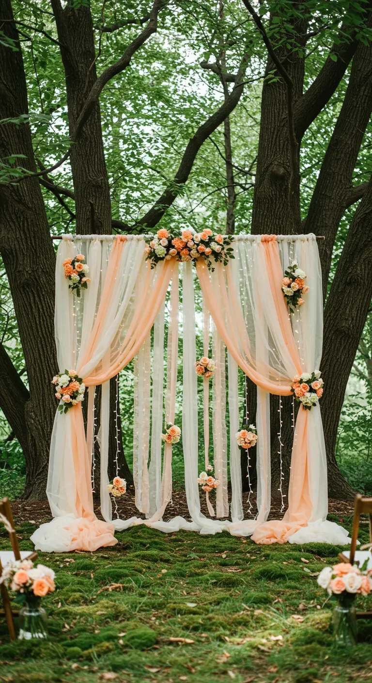 An outdoor wedding arch with layered peach and white tulle, fairy lights, and small floral posies.