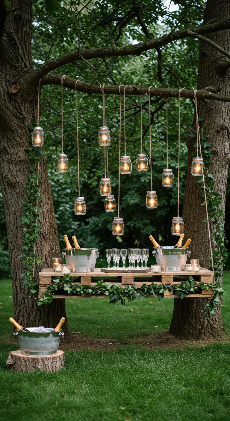 A pallet suspended between trees serves as a champagne bar, lit by a cascade of hanging jar lights.