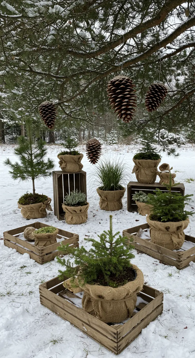 A winter garden display with numerous crates, burlap-wrapped trees, and large pine cones hanging from a tree.