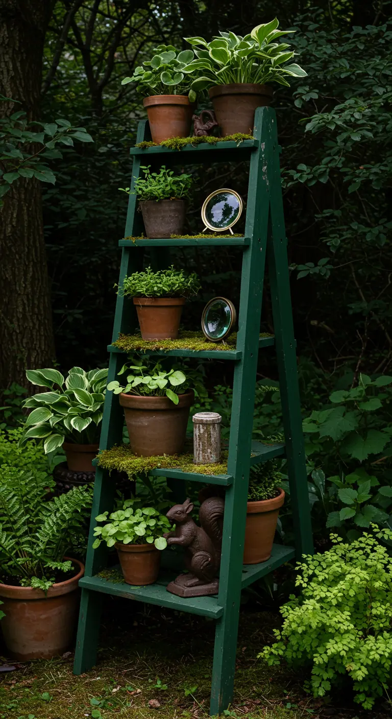 A dark green ladder in a shady garden with ferns, hostas, moss, and small mirrors.