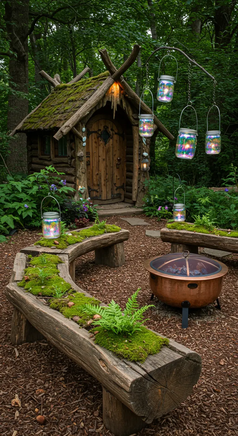 A whimsical woodland scene with a log cottage, moss-covered benches, and iridescent mason jar lights.