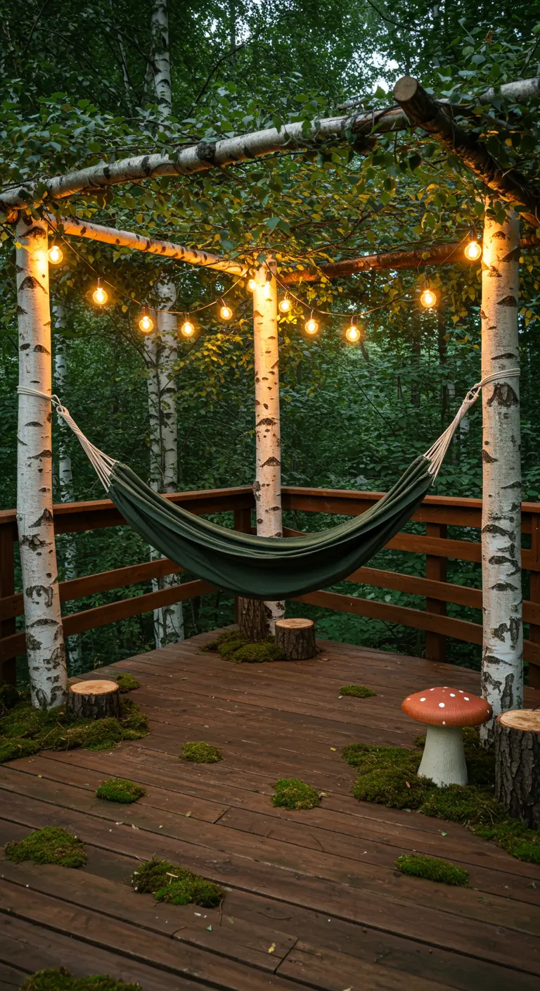 A dark green hammock strung between birch trees on a wooden deck in a forest setting.
