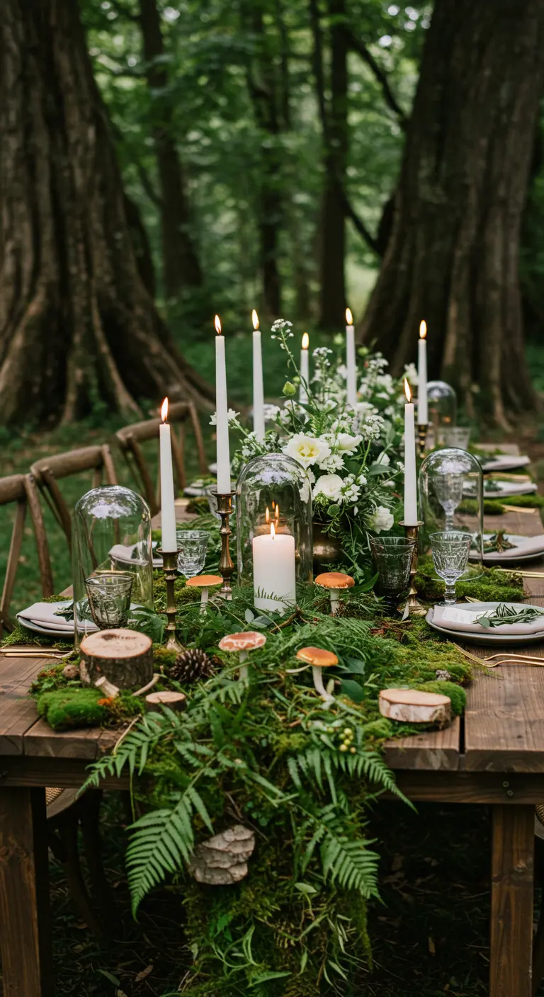 A whimsical woodland tablescape with a moss runner, mushrooms, and candles under glass cloches.