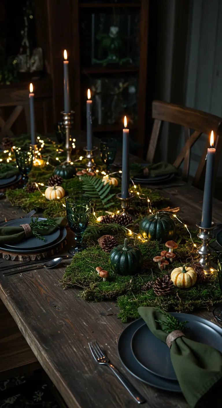 A moody, woodland-themed table with a moss runner, dark pumpkins, pinecones, and fairy lights.
