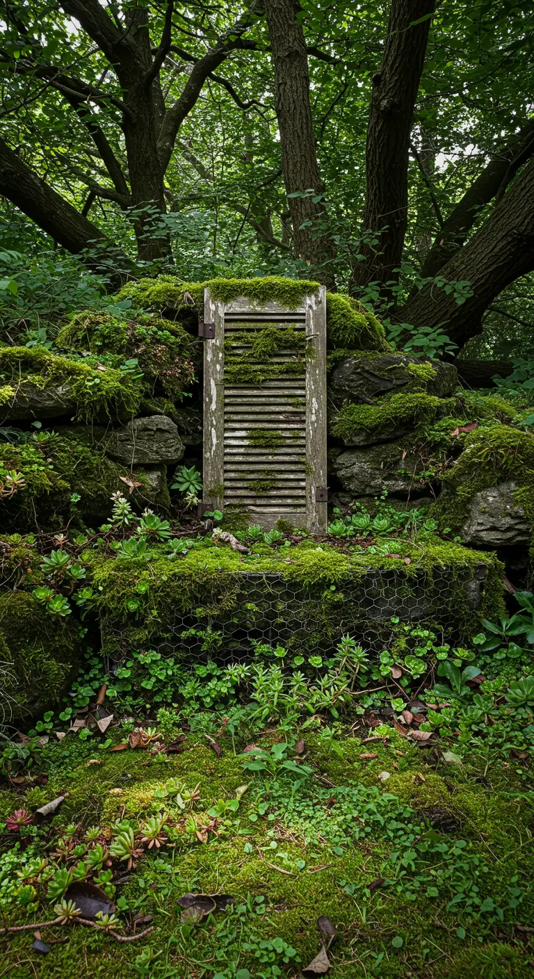 A weathered green shutter integrated into a mossy stone wall in a lush forest.