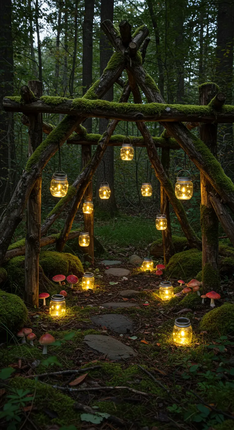 Moss-covered rustic arbor with solar jars hanging and placed on the forest floor.