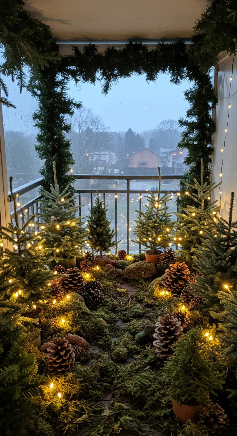 A balcony transformed into a miniature forest with moss, pinecones, and tiny lit trees.