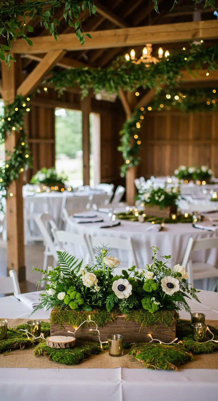 Mossy centerpiece in a wooden box with white flowers and fairy lights.