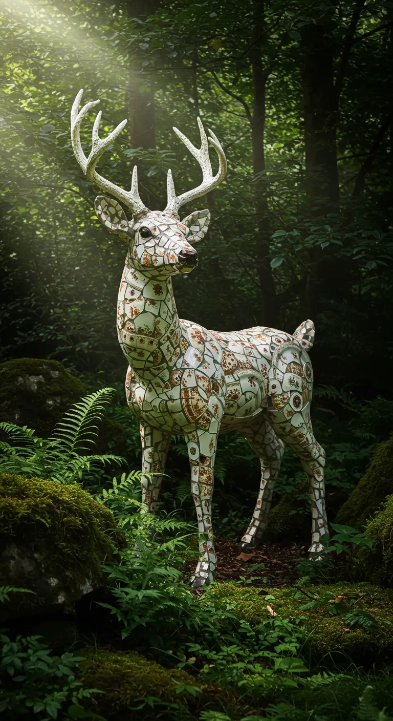 A life-sized mosaic deer sculpture covered in broken china with clock patterns, standing in a forest.