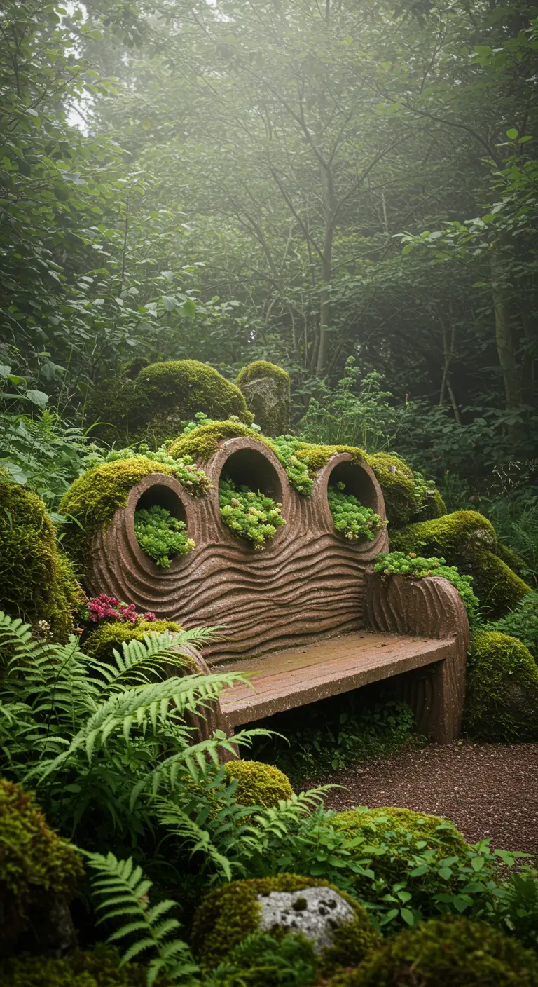 A concrete bench shaped like a mossy log with succulents growing out of holes, set in a misty forest.