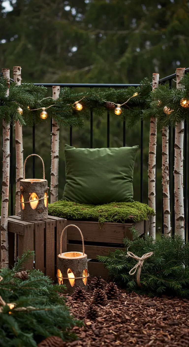 Rustic balcony with birch poles, fir garlands, and lanterns made from hollowed logs.