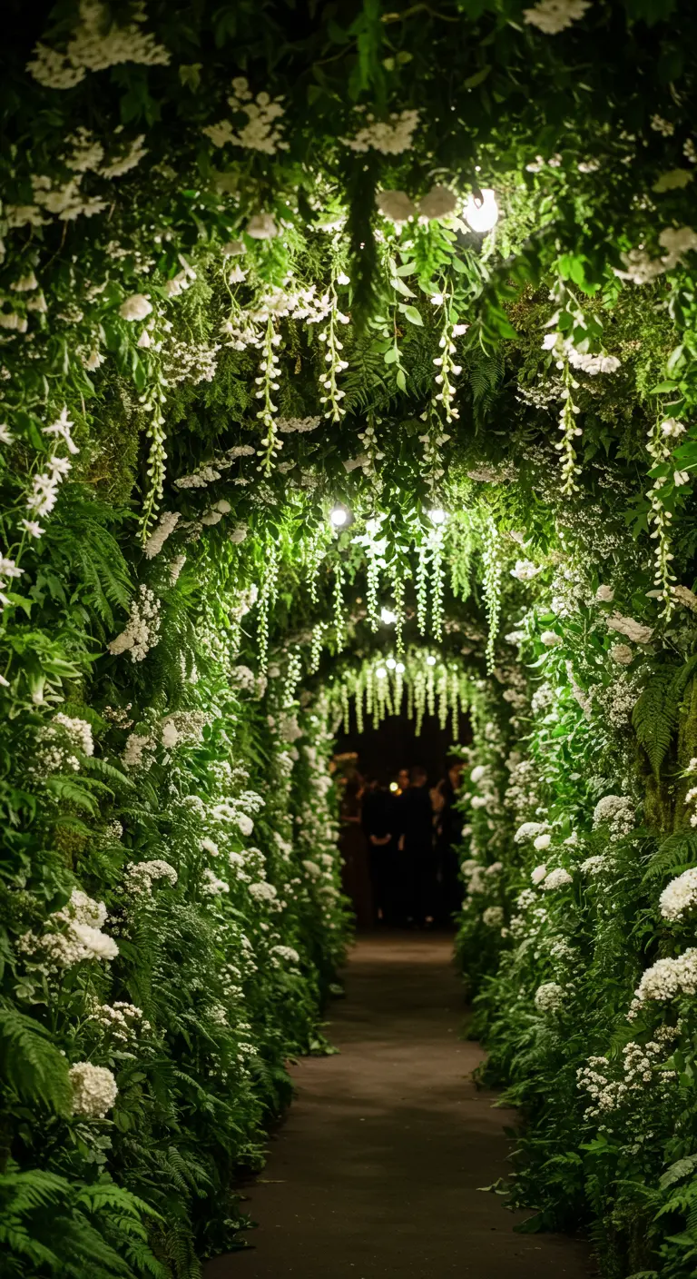 An immersive wedding aisle tunnel made of green ferns and white flowers.