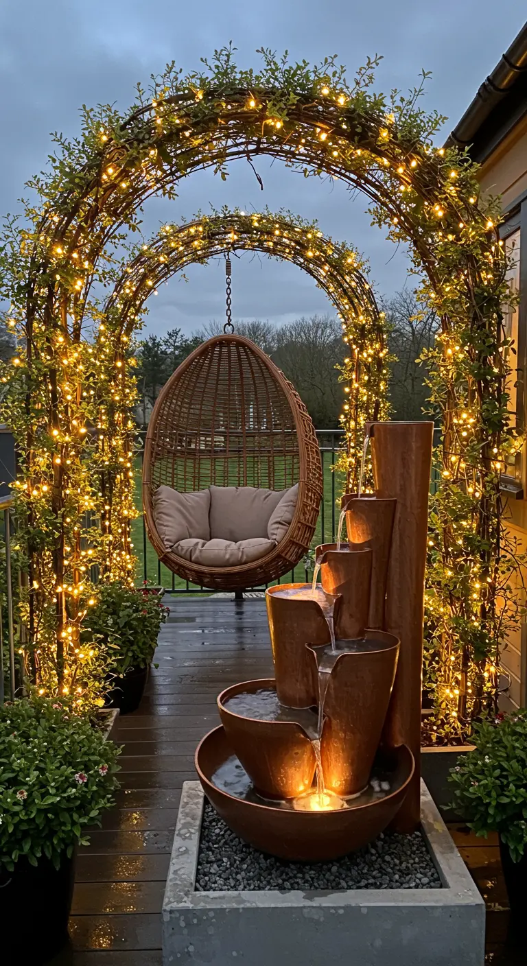 A stunning balcony with a garden arch wrapped in lights, a hanging chair, and a copper fountain.