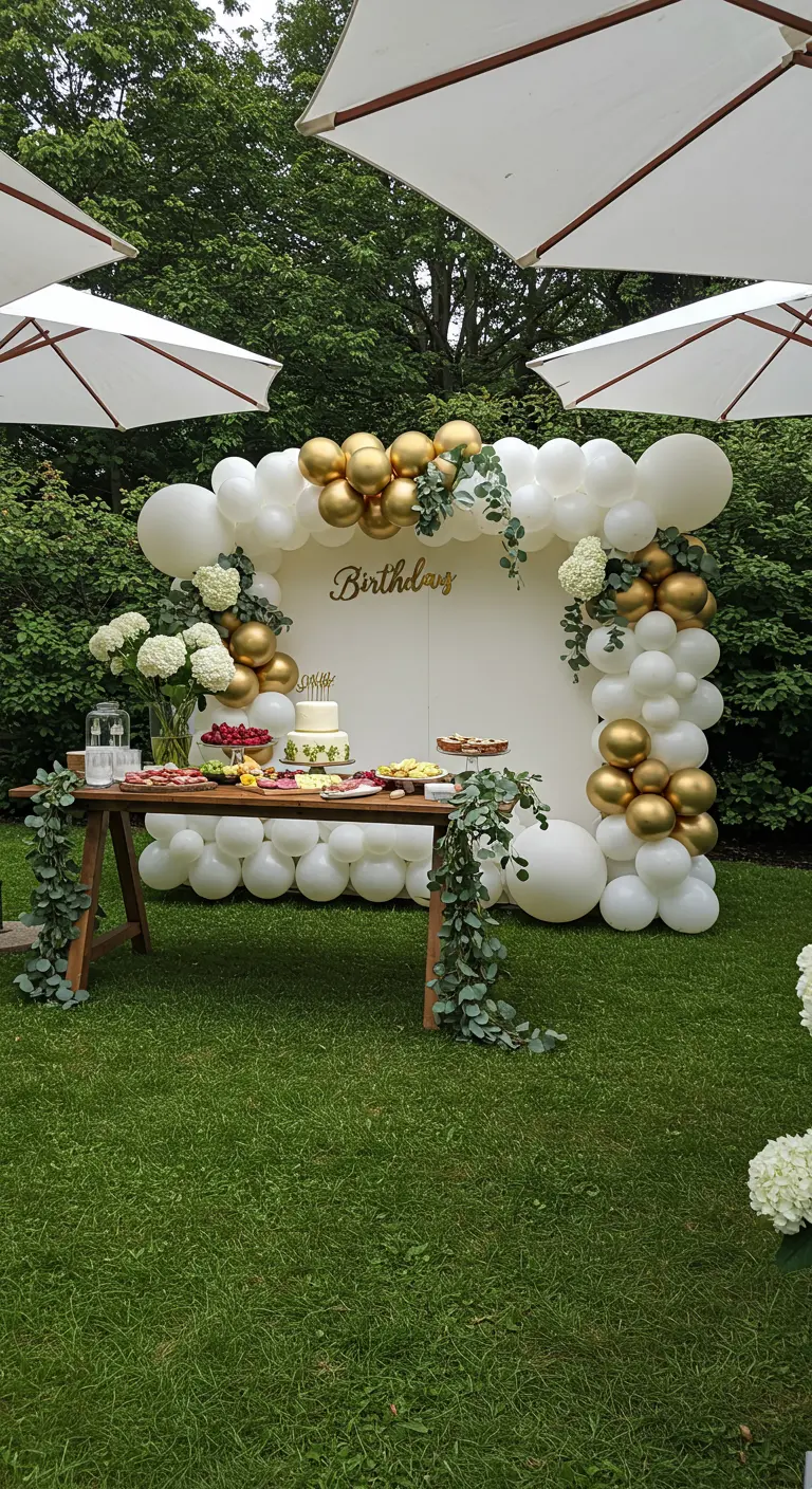 A white and gold balloon arch adorned with fresh eucalyptus in a green garden setting.