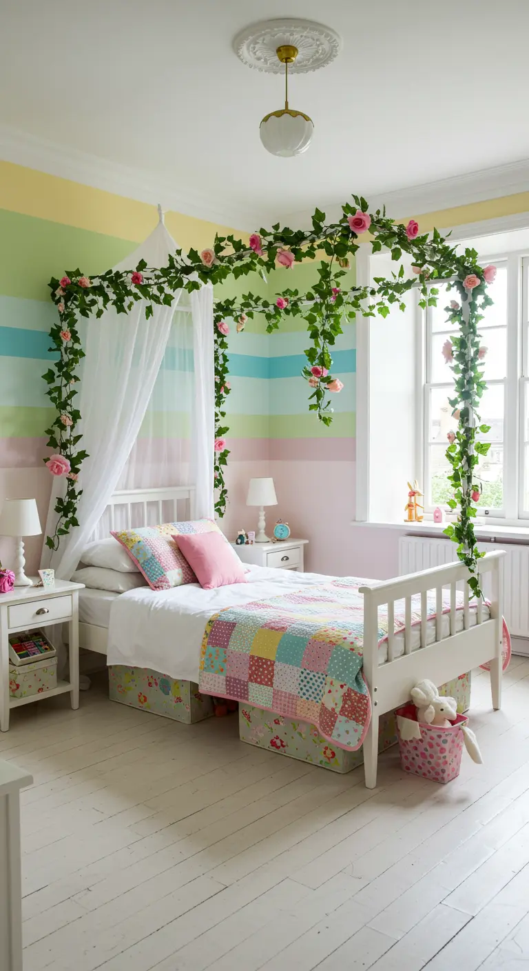 Child's bedroom with rainbow striped wall and a canopy decorated with vines and flowers.