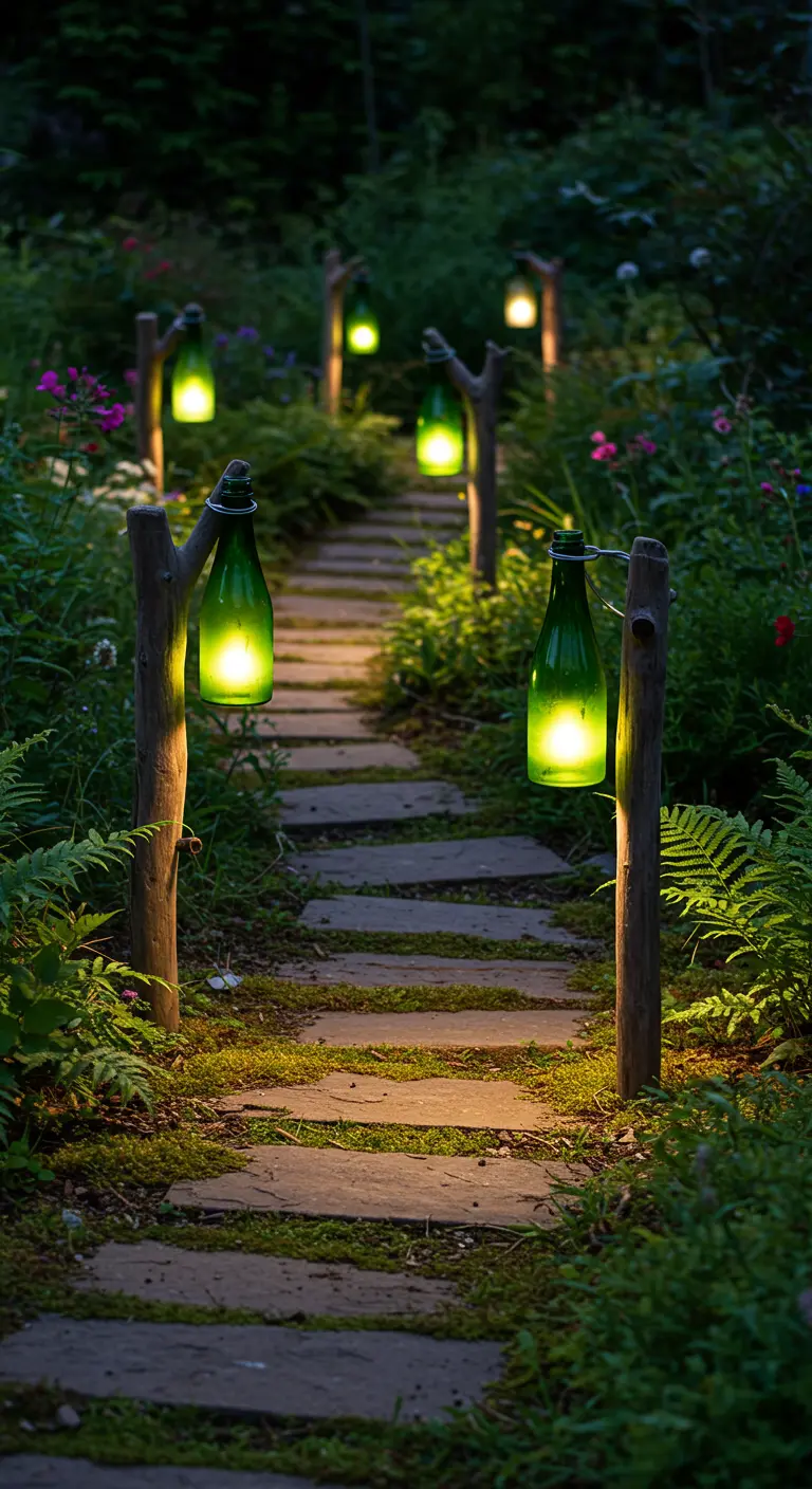 A stone path in a lush garden illuminated by green wine bottle lanterns on wooden stakes.