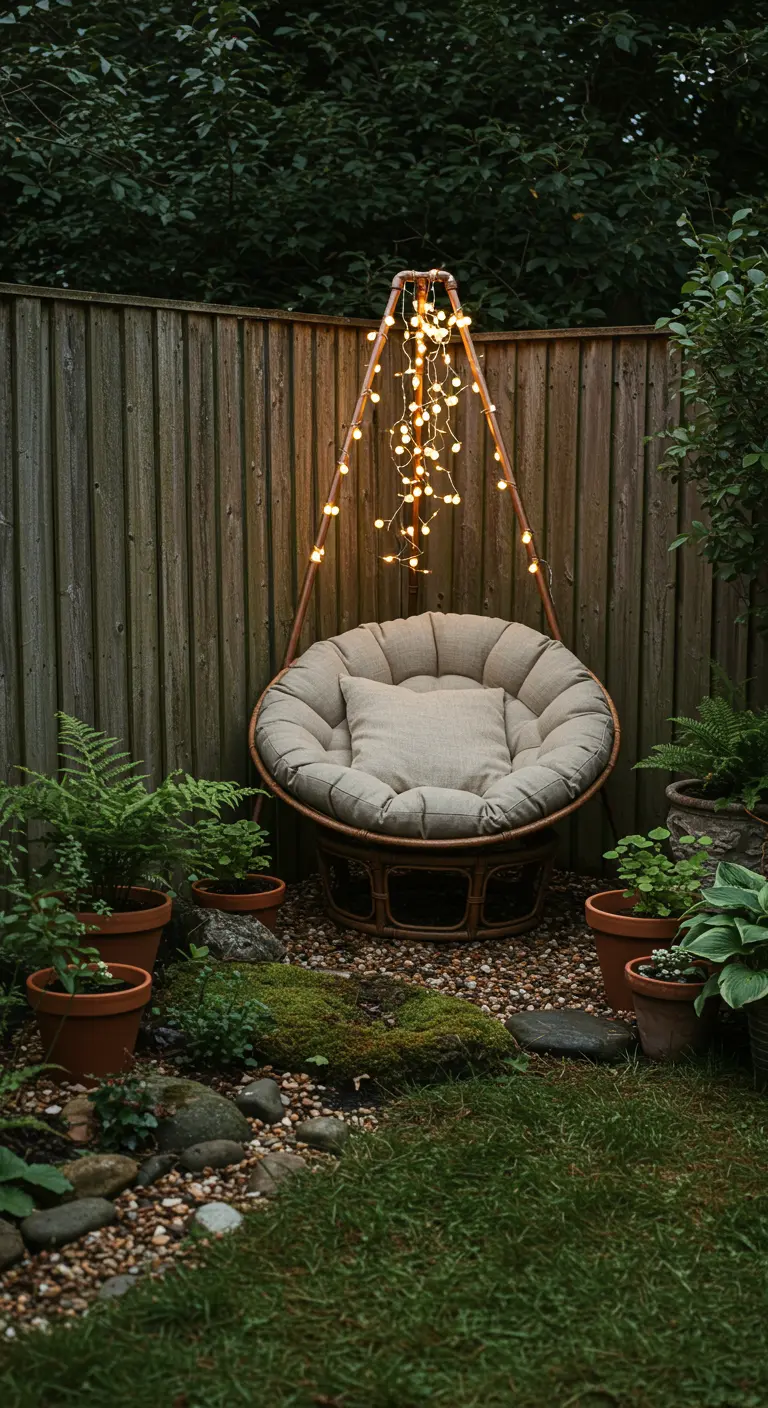 A copper A-frame with fairy lights glowing above a papasan chair in a garden corner.
