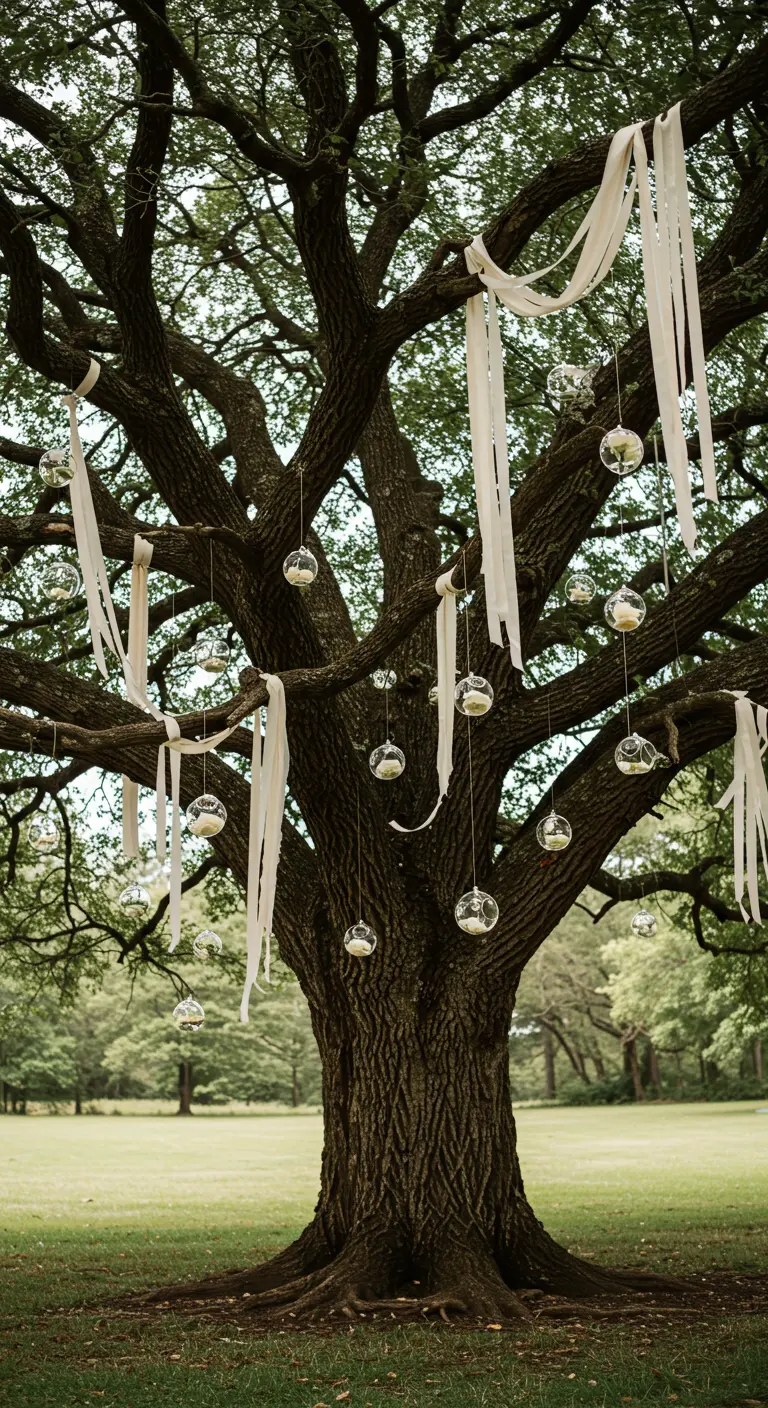 A large, majestic tree decorated with hanging glass orbs and long white ribbons for a wedding.