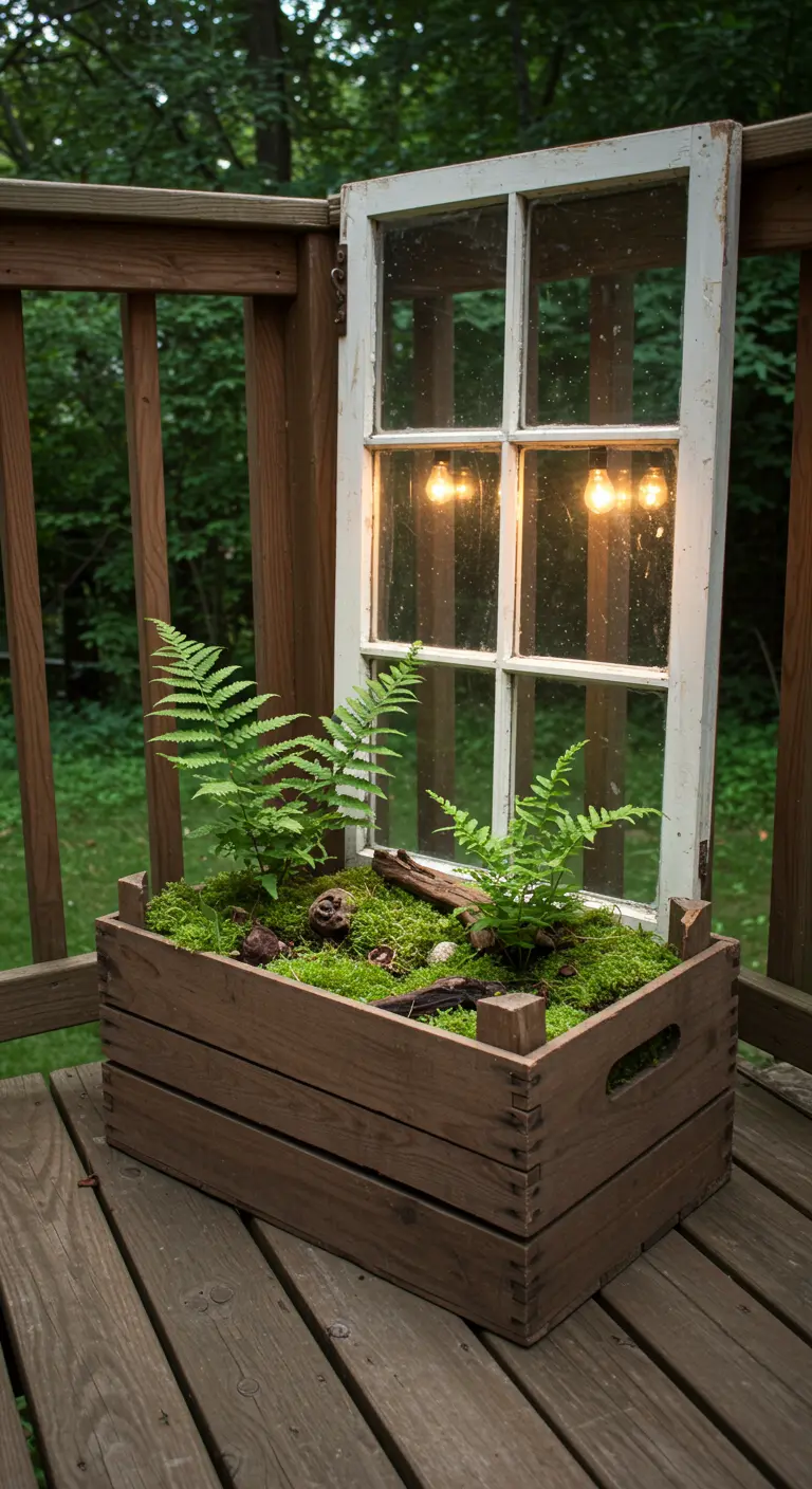 A wooden crate planted with ferns and moss, with an old white window frame standing up behind it.