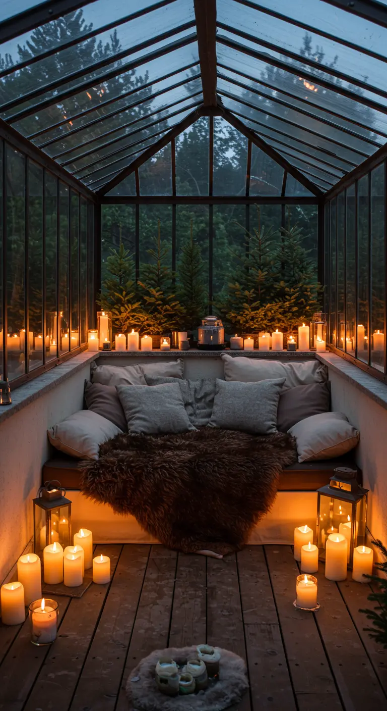 A cozy greenhouse seating area lined with dozens of glowing candles.