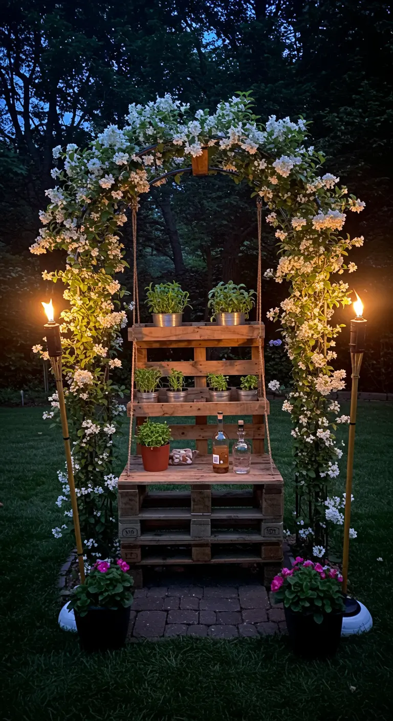 A tiered pallet bar becomes an herb station, set within a beautiful arch covered in white flowers.