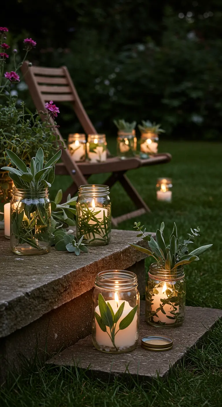 Glass jars with candles inside, decorated with fresh sage leaves, placed on stone steps at dusk.