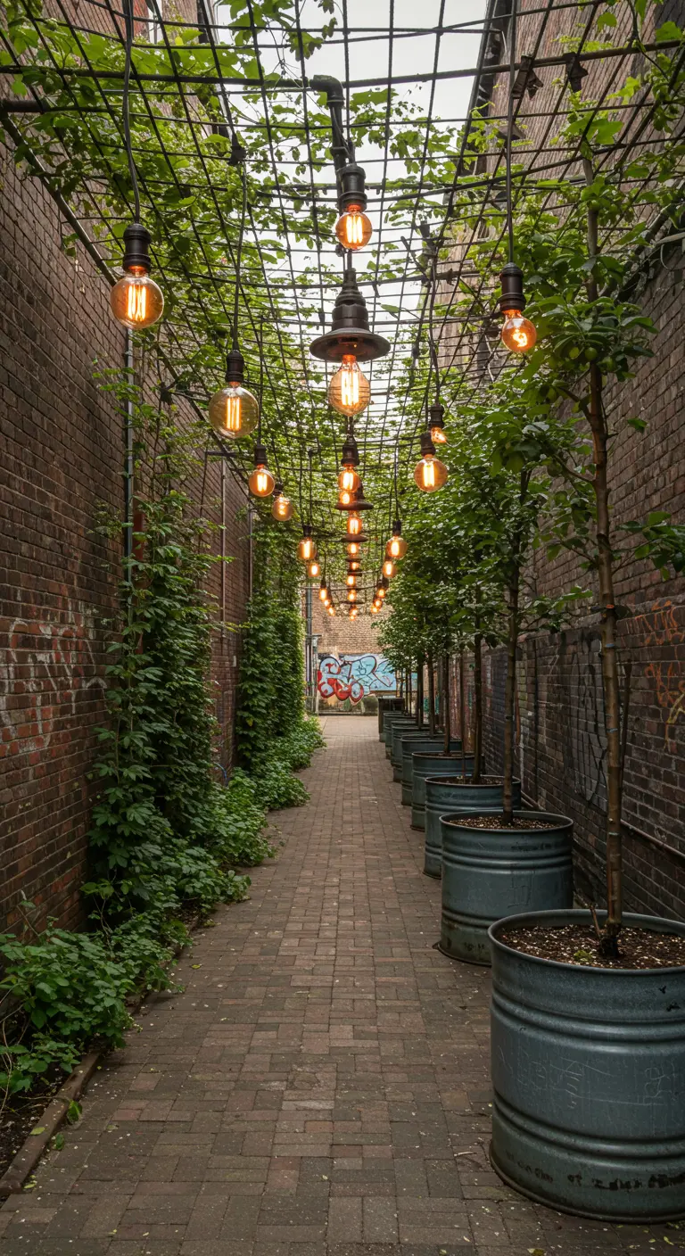 A narrow brick alleyway transformed with rows of trees in barrel planters and a canopy of string lights.