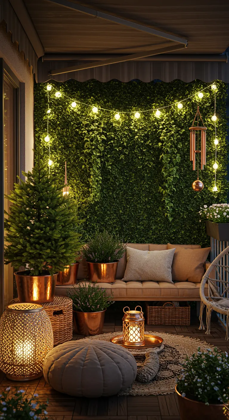 A cozy balcony with a full ivy wall, floor cushions, and many copper accents under warm lights.