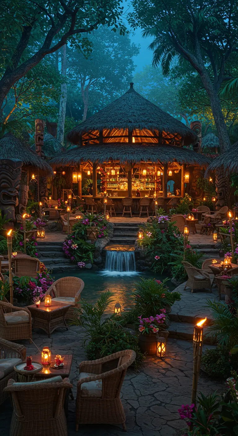 A tiki bar nestled in a lush green jungle setting with a small waterfall and warm lanterns.