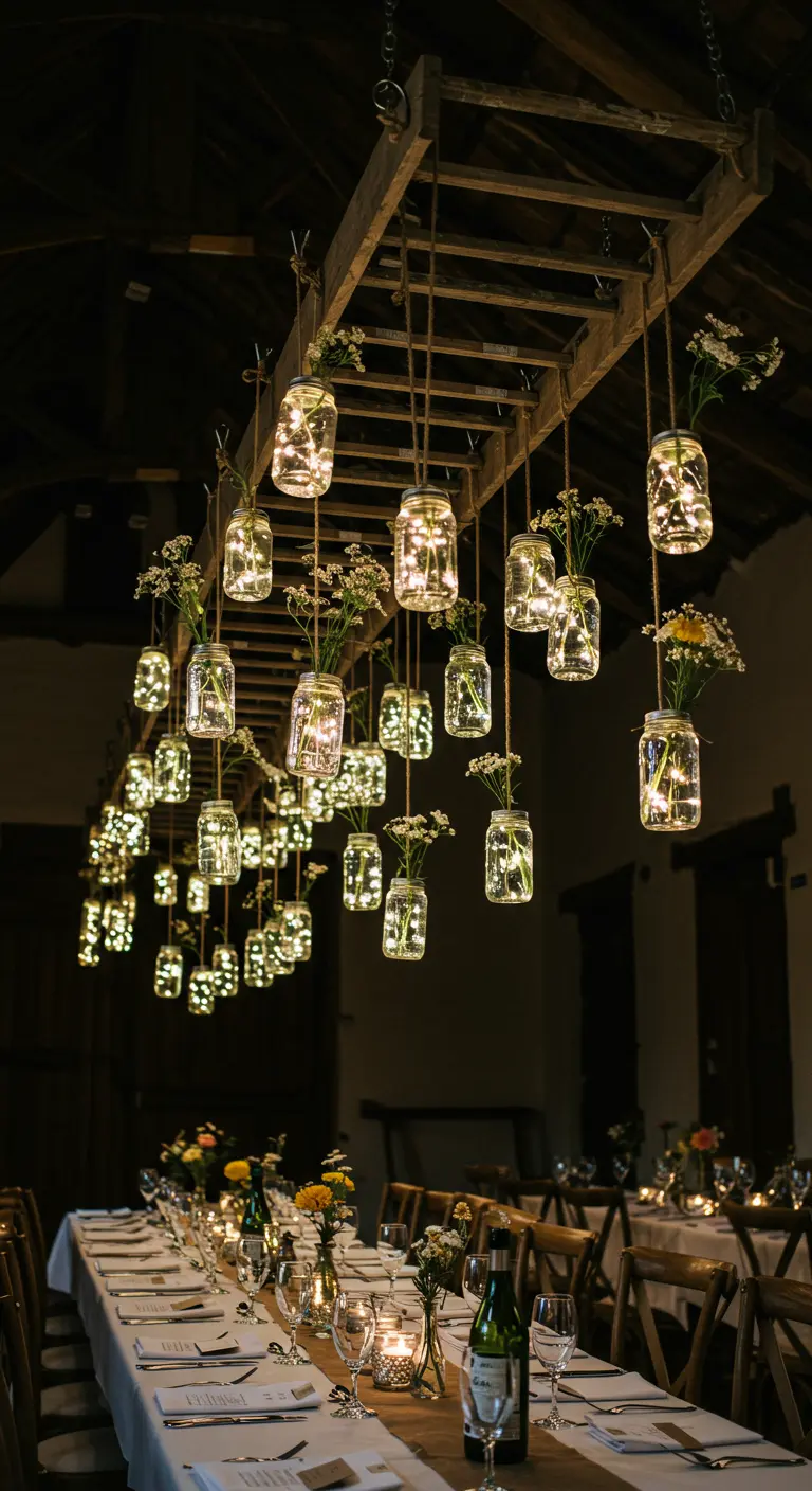 A wooden ladder hanging from the ceiling, decorated with fairy lights and Mason jars filled with flowers.