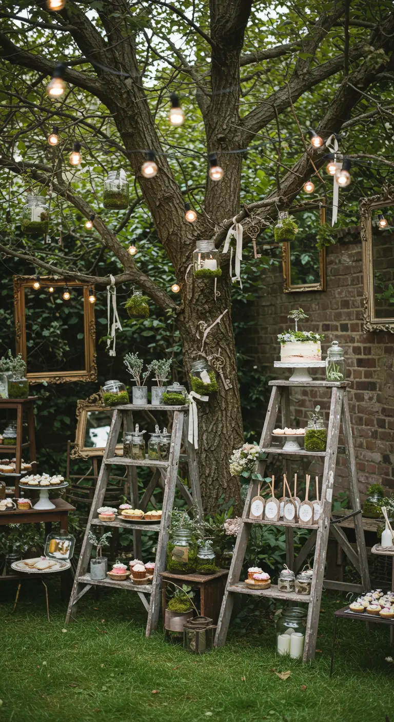 A rustic garden party dessert display using two weathered wooden ladders as shelves.