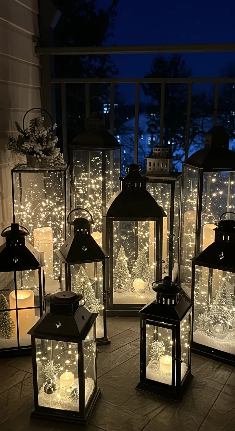 A large cluster of black lanterns of various sizes, filled with fairy lights and miniature trees.