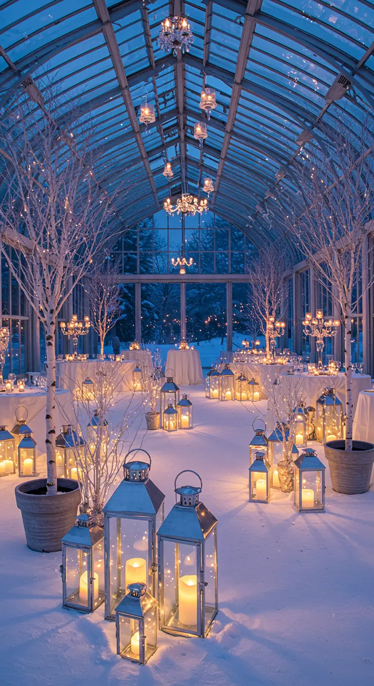 A snowy greenhouse aisle filled with silver lanterns and white birch trees wrapped in lights.