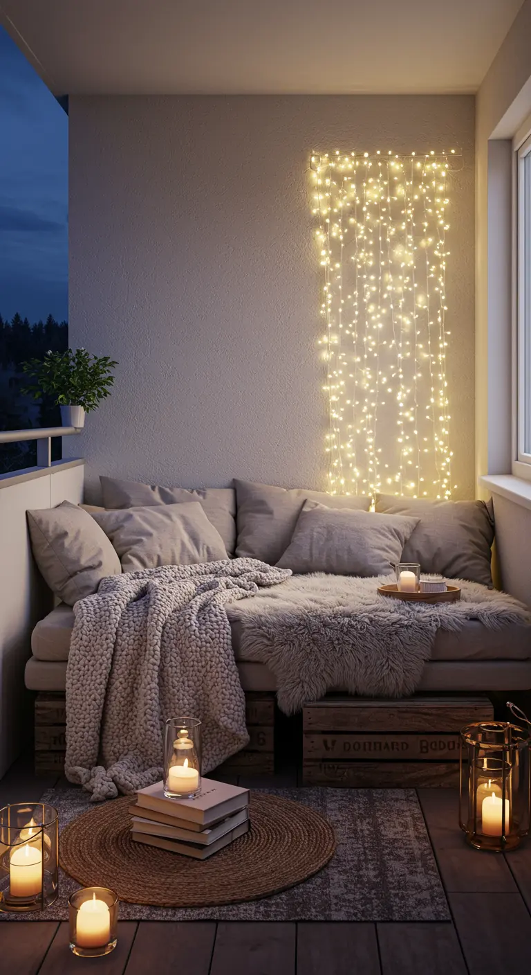 A cozy daybed next to a wall covered in a curtain of cascading fairy lights.