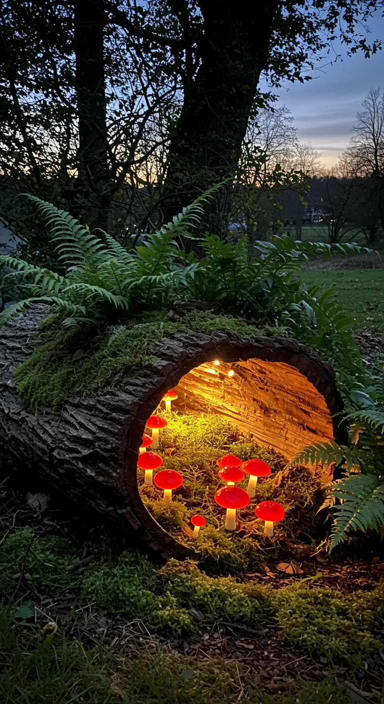 A hollow log at dusk, filled with moss and glowing red and white mushroom lights.