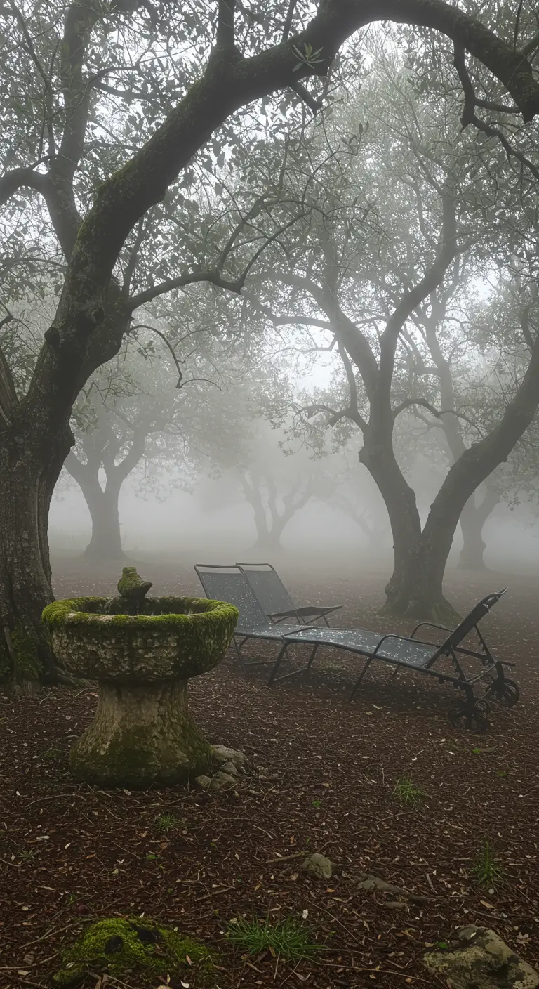 A moss-covered stone birdbath and loungers sit in a foggy, mysterious olive grove.