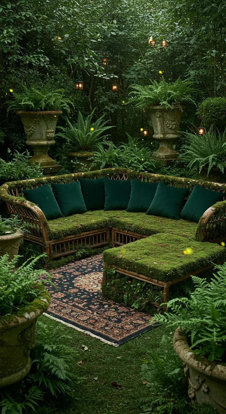 A rattan sectional covered entirely in green moss, set within a lush, dark garden.