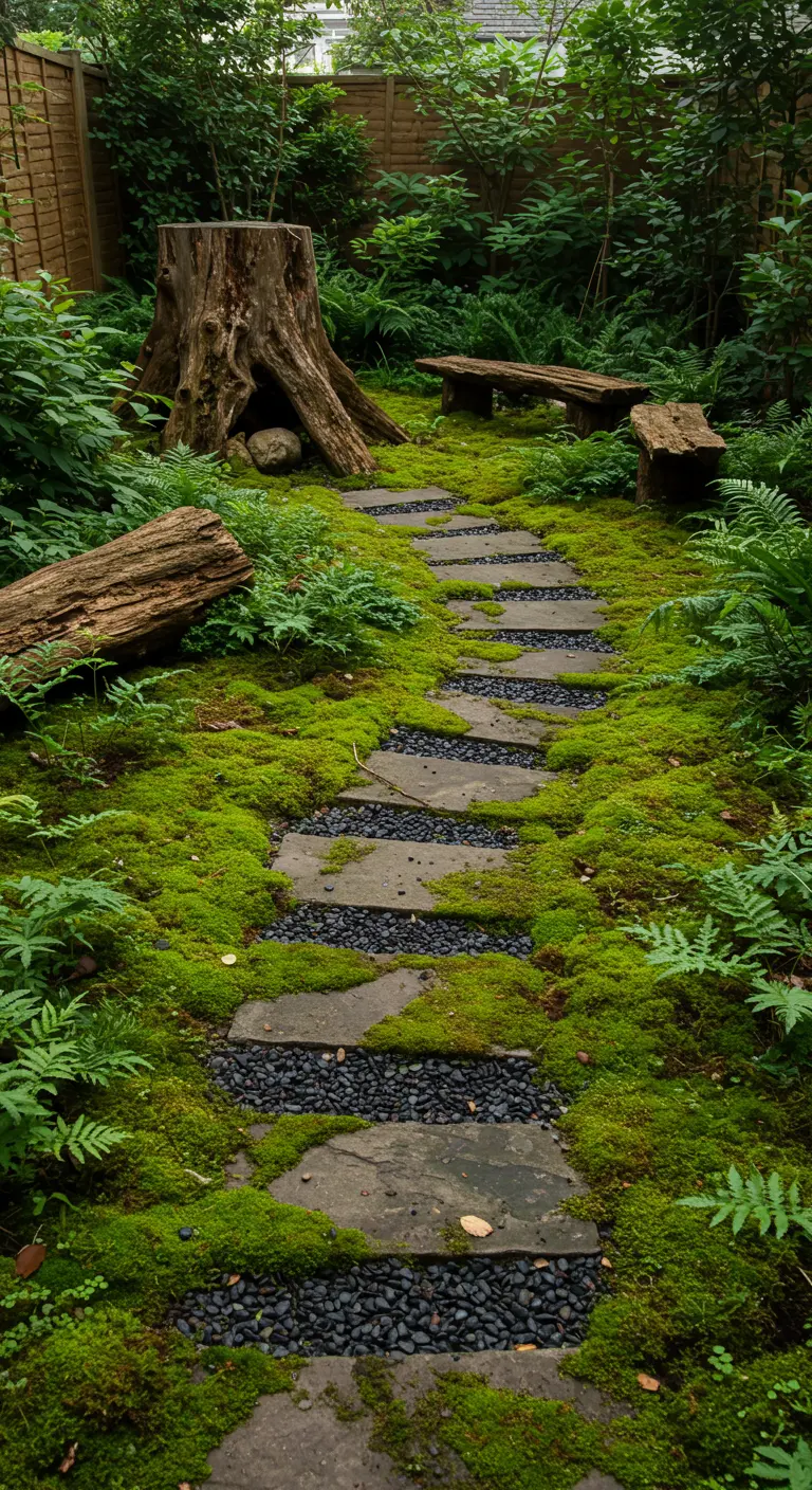 A winding stone path through a lush, mossy garden with ferns.