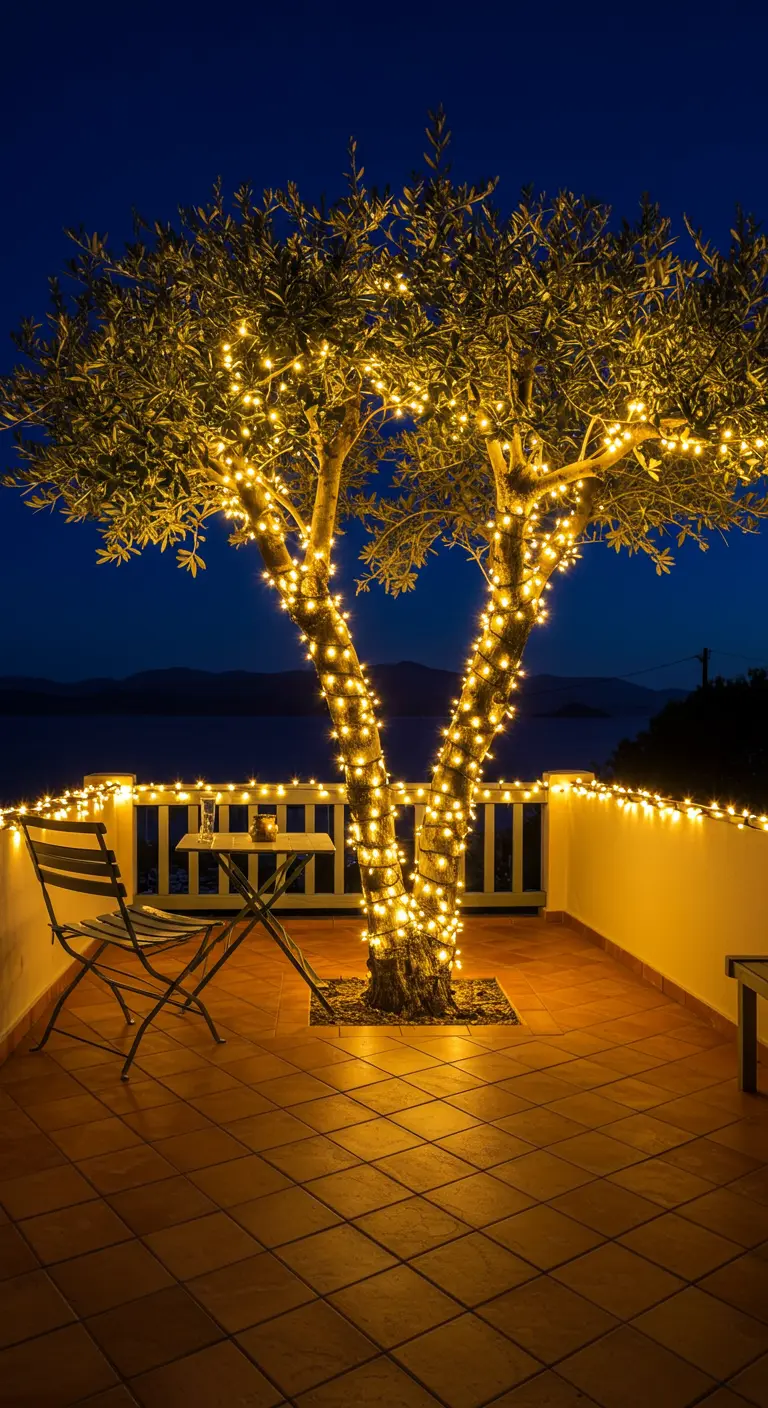A large olive tree on a balcony completely covered in glowing fairy lights at night.