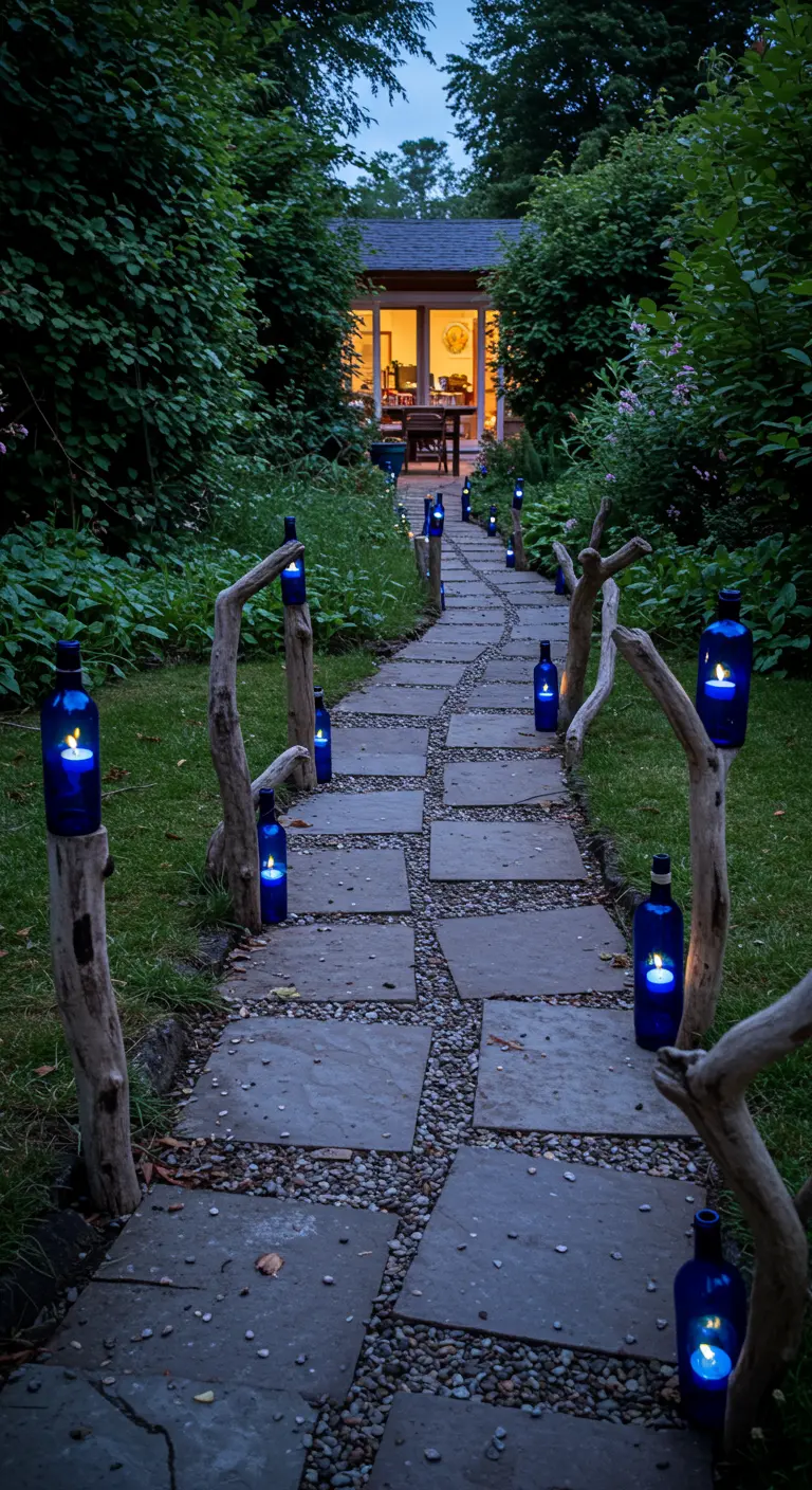 Blue wine bottle lanterns hanging from driftwood posts along a stone garden path.