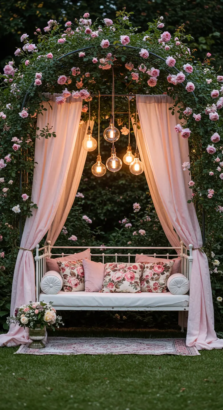 A white daybed under a rose-covered arch with pink curtains and a cluster of lights.