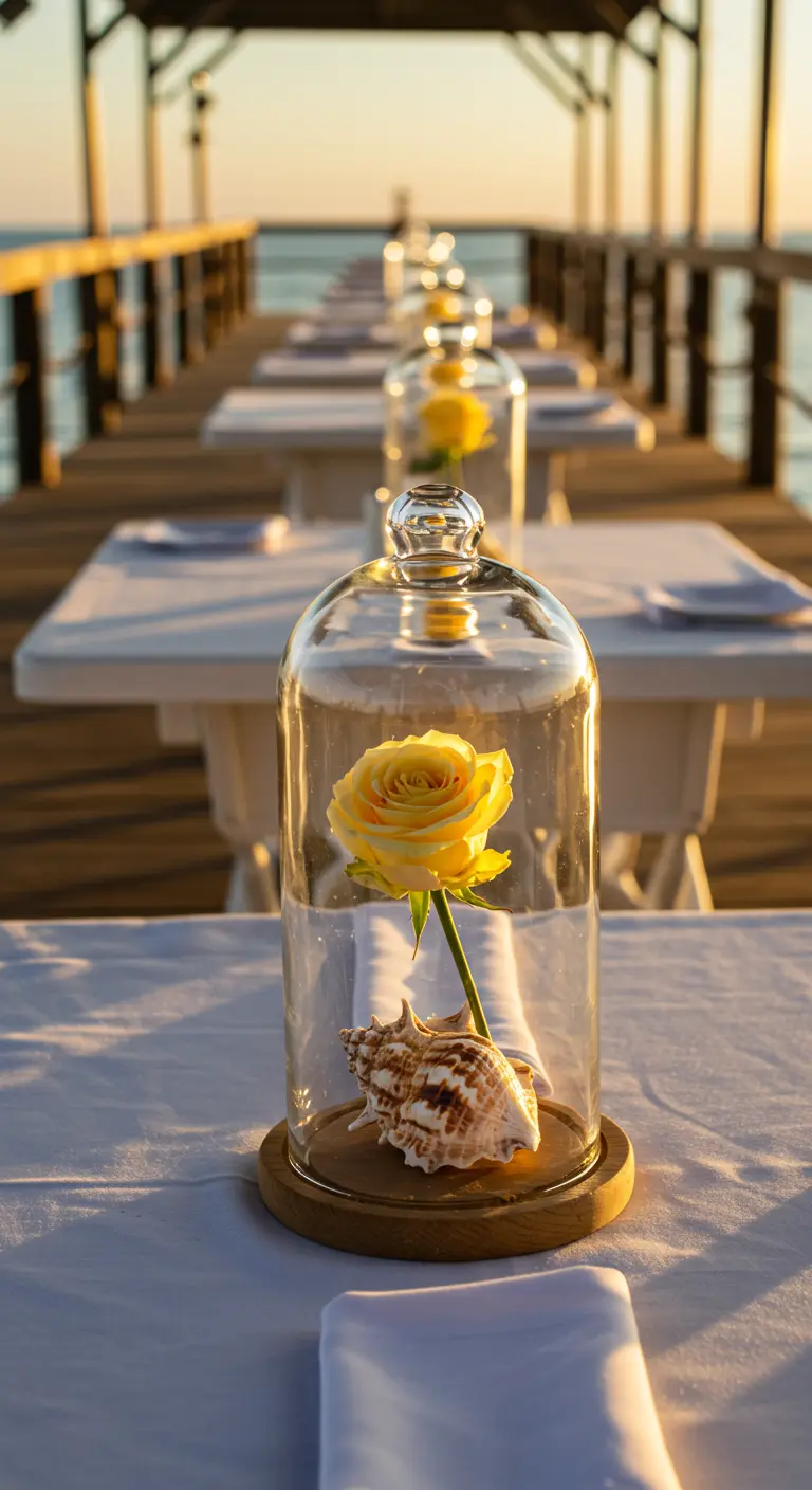 A single yellow rose and a conch shell preserved under a glass cloche.