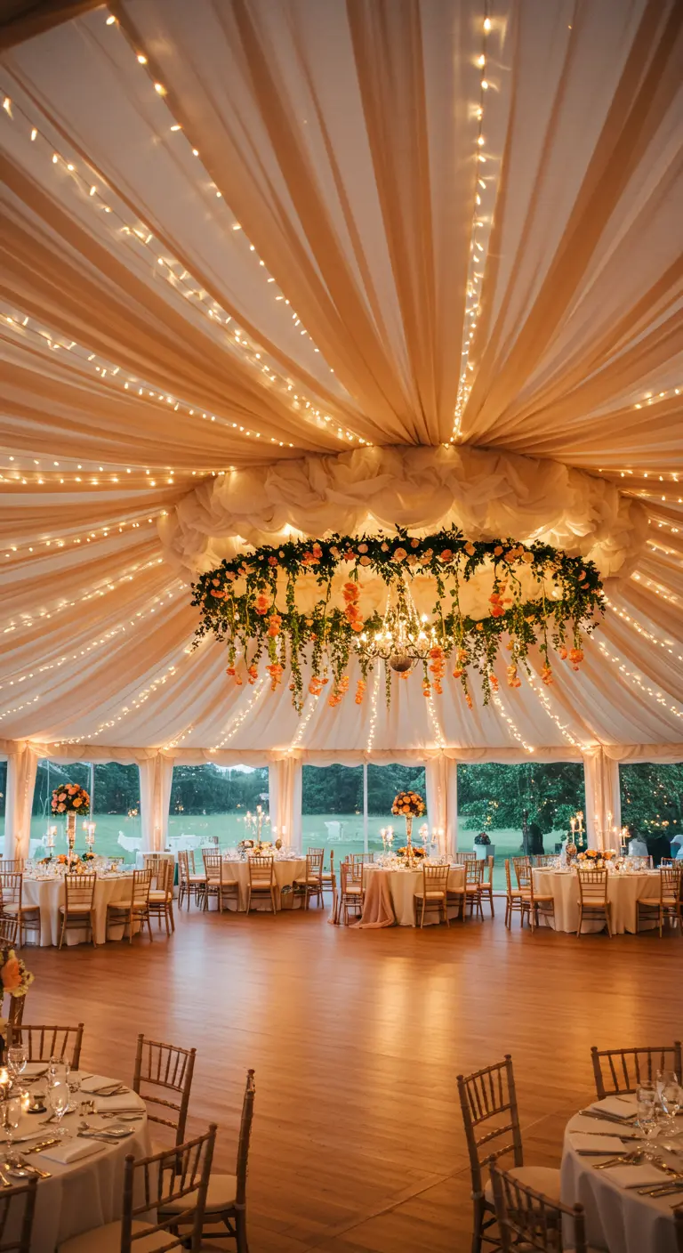 A tented wedding reception with a draped ceiling and a large floral chandelier.