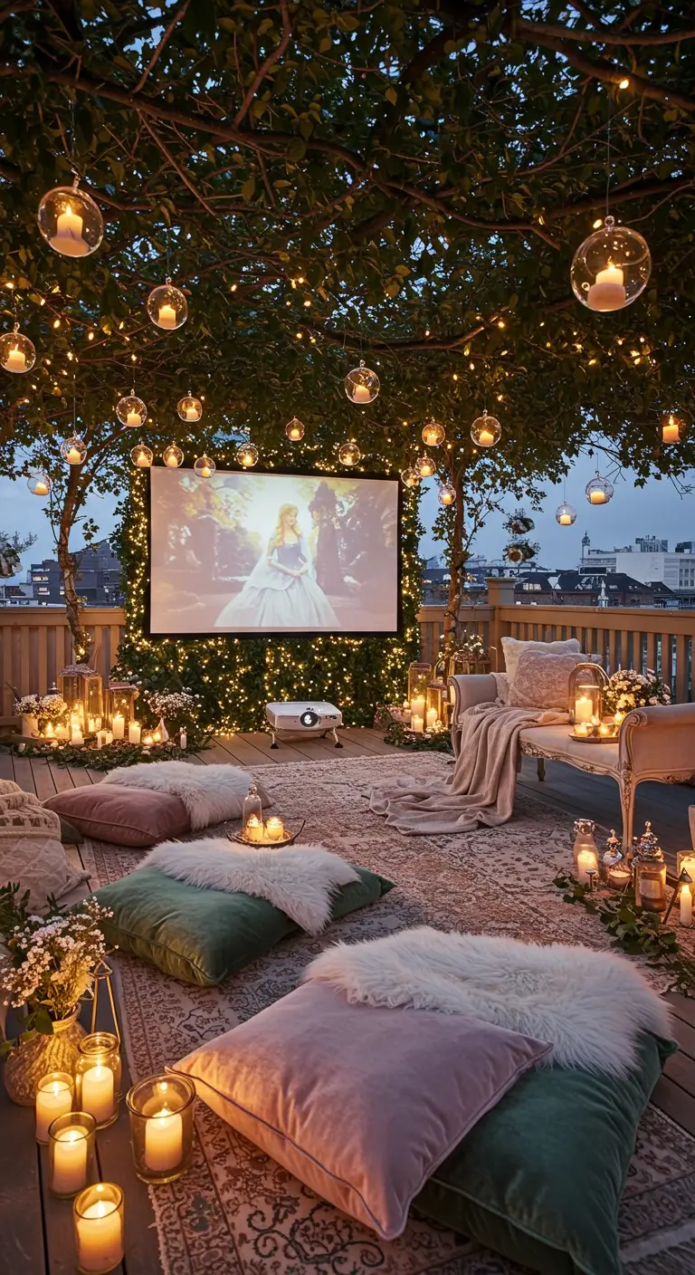 A rooftop movie night under a tree decorated with fairy lights and hanging glass candle orbs.