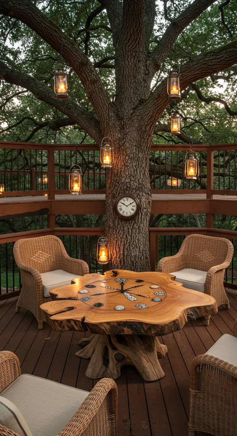 A large, live-edge table with a tree root base and lantern lights hanging from the tree.