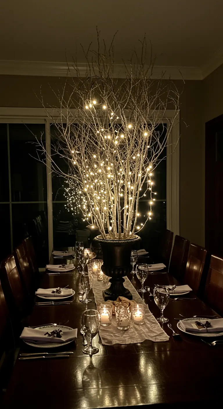 A large urn filled with tall white branches wrapped in fairy lights, glowing in a dark room.